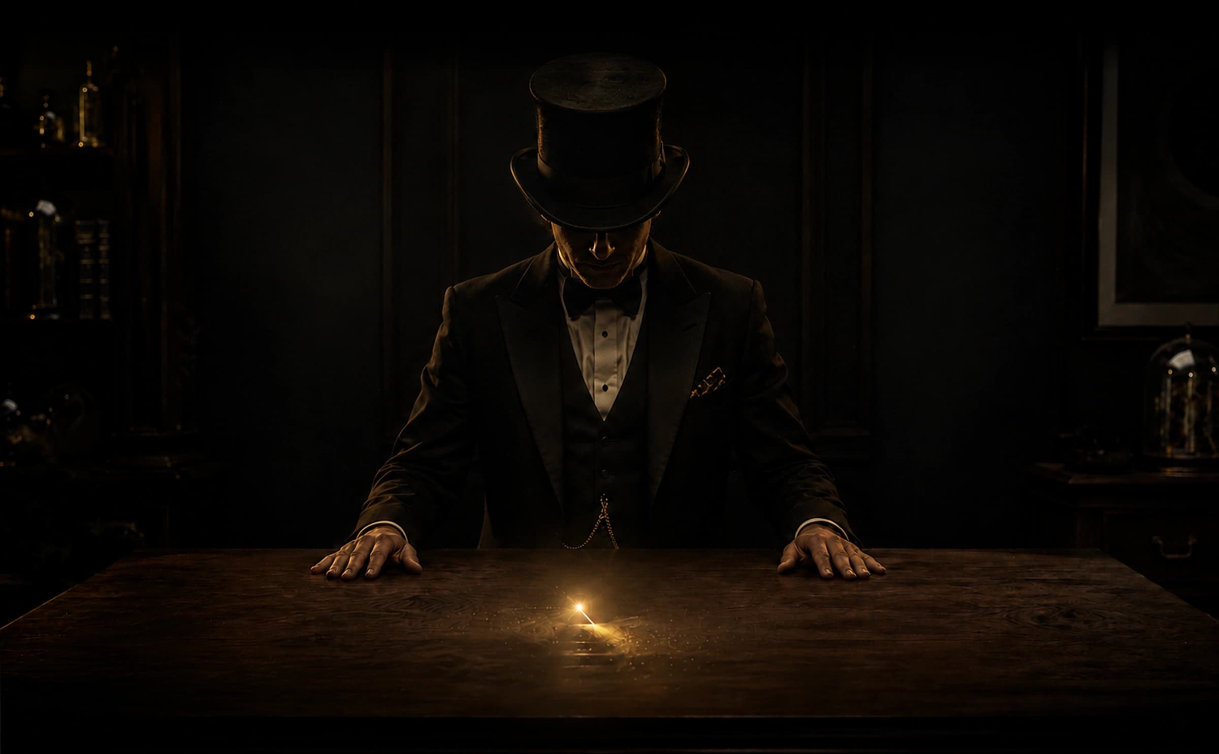 A magician in a candlelit room, behind a table of mysterious objects